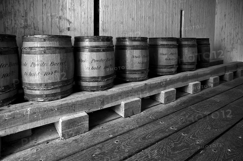 Gunpowder in barrels, magazine, weapons magazine, storage magazine, St Mawes, black and white, Cornwall, England, Great Britain, Great Britain