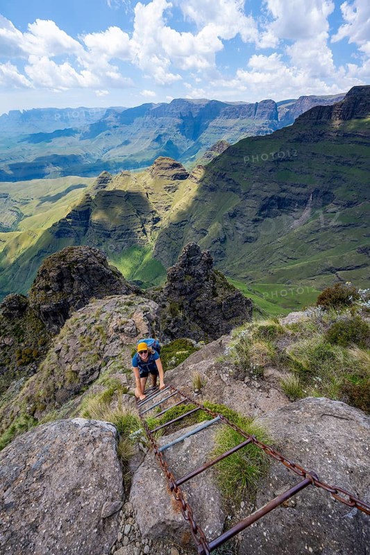 Steep ladder, female mountaineer on the hiking trail to Cathedral Peak or Cathedralpiek or Mponjwana, Drakensberg, KwaZulu-Natal, South Africa