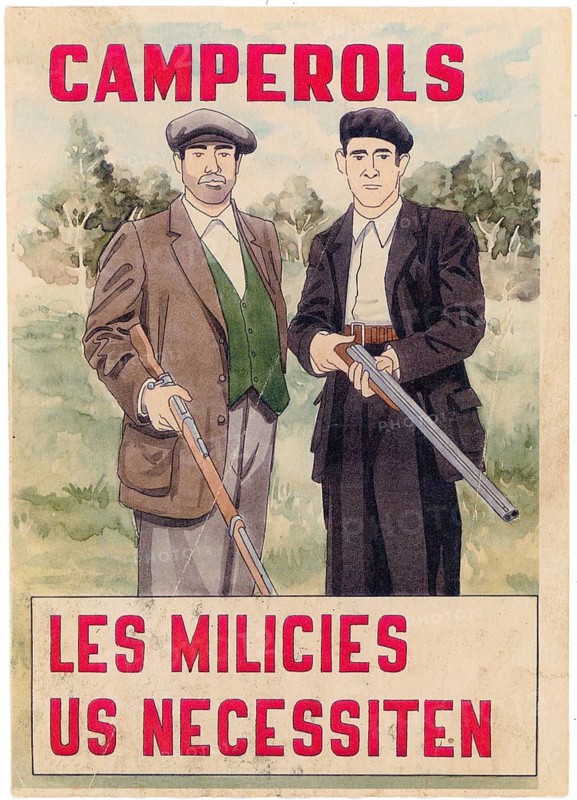 Spanish Civil War, Camperols, Les Milicies us Necessites, The Militias Need Us, Popular Front, Appeal, Socialist Brigades, 1936, Leaflet, Sticky Note, Agitation, Signed, Rafel Tona, Two Men Posing in a Meadow, Accompanied by an Appeal to the Militias