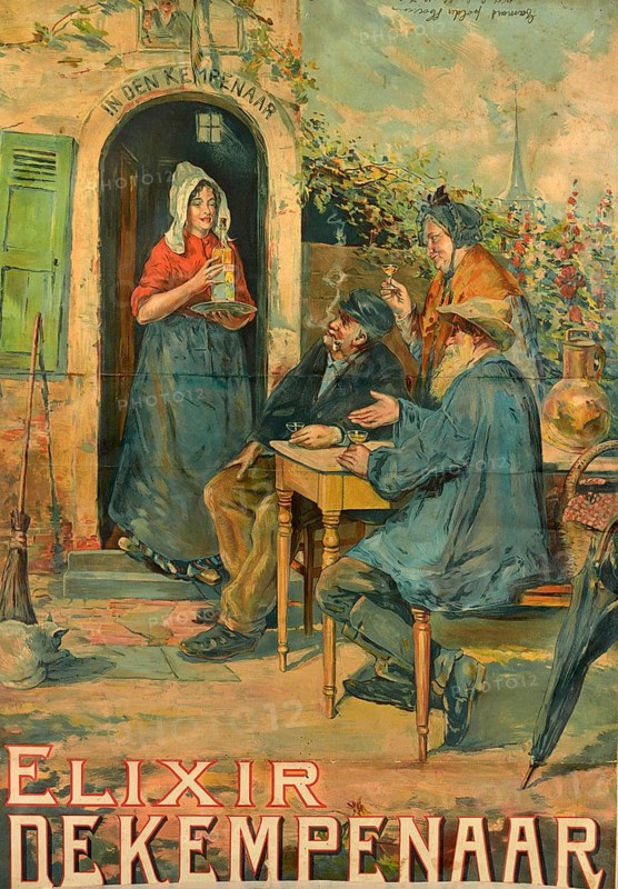 Advertising poster, beverage advertisement, poster for Elixir De Kempenaar, scene showing a rural inn called In den Kempenaar, in which a woman serves elixir to three seated people, authentic reproduction of a historical advertising poster, advertising sign, in high resolution