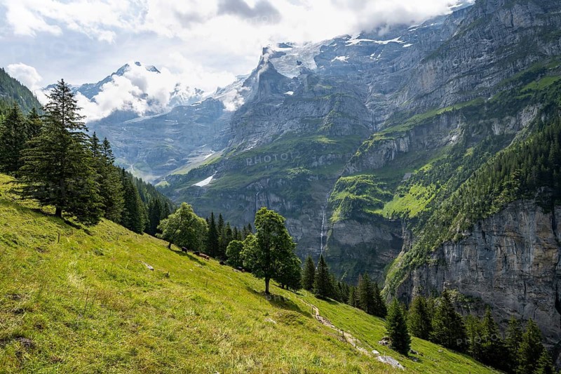 Picturesque mountain landscape on Mettlenalp with Mönch and Jungfrau peaks, Bernese Alps, Bernese Oberland, Switzerland