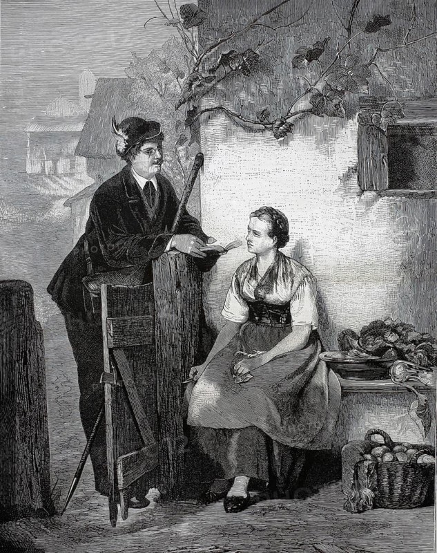 A man in traveling or hunting traditional costume is leaning against a wooden fence or gate and reading attentively from a small book to a young woman sitting on the ground wearing traditional costume and cleaning vegetables, illustration, reproduction from a 19th-century model. Authentic, file restored for optimal use, exact date of submission unknown, historical