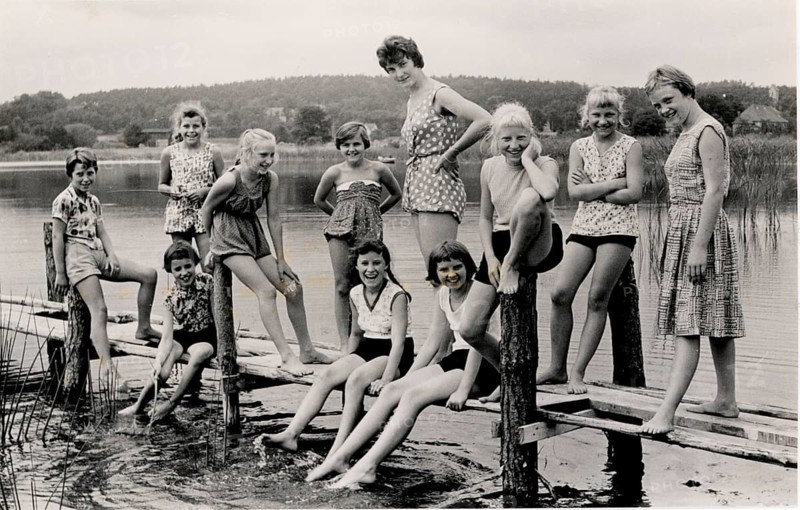 Bathing, swimwear, leisure, summer, woman, girls, children, group of girls posing happily at a pier by the lake, around 1930