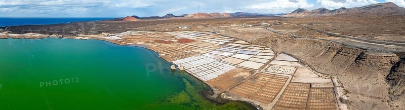 Salt mining plant, Salinas de Janubio with green Laguna de Janubio, near Yaiza, aerial view, Lanzarote, Canary Islands, Spain
