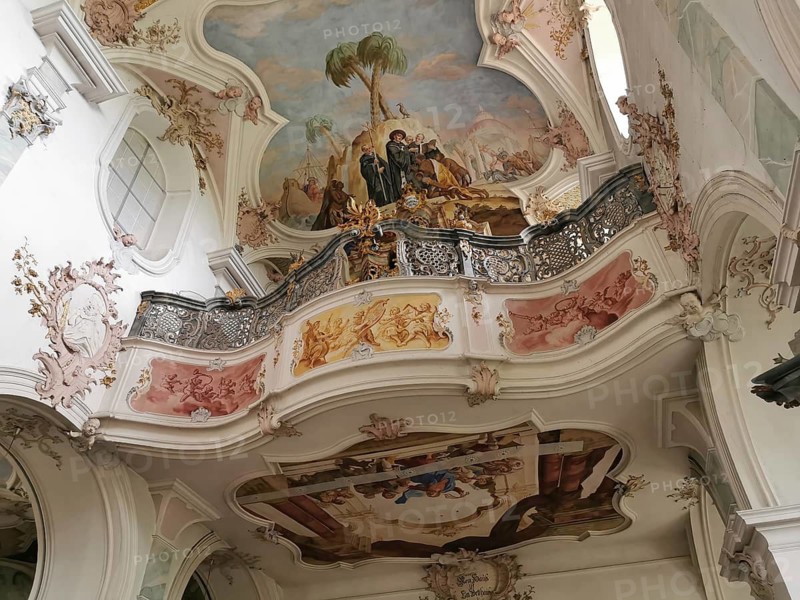 Fresco and organ in the monastery church, Mönchsdeggingen Abbey, former monastery of the Mariannhill Missionaries, near Nördlingen on southern Riesrand, Donau-Ries district, Swabia, Bavaria, Germany