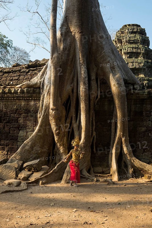 Young woman dressed as a temple dancer, Apsara, Ta Prohm, Angkor Wat, Angkor, UNESCO World Heritage Site, Siem Reap, Cambodia, Indochina, Southeast Asia
