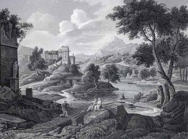 Detail from the painting Roman landscape by Claude Jean Baptiste Millet, landscape painting, Rome, Roman campagna, Italy, Italian landscape, nature, trees, river, hills, vastness, sky, clouds, ancient ruins, classical landscape, idealized landscape, baroque, French painting, 17th century, oil painting, lighting, depiction of nature, architecture, idyll, art history, historical landscape, distant view, Mediterranean landscape, people, boat, historical illustration 1854