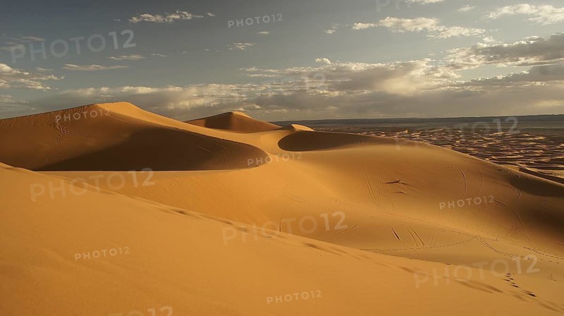 Wide sand dunes in the desert under a vast sky in golden tones, Merzouga, Erg Chebbi, Morocco