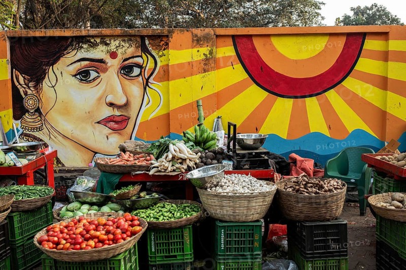 Mural painting, vegetable stall at Berhampur (Odisha, India)