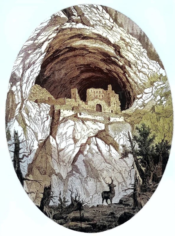 The historic cave castle Puxer Lügg, also known as Puxerloch, 1877, Styria, Austria, illustration, reproduction from a model from the 19th century. Authentic, file restored for optimal use, exact date of original unknown, historical, colored