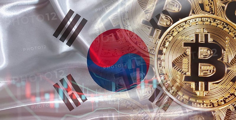 Bitcoin cryptocurrency with South Korean flag. Investors in Blockchain Technology with South Korea flag background