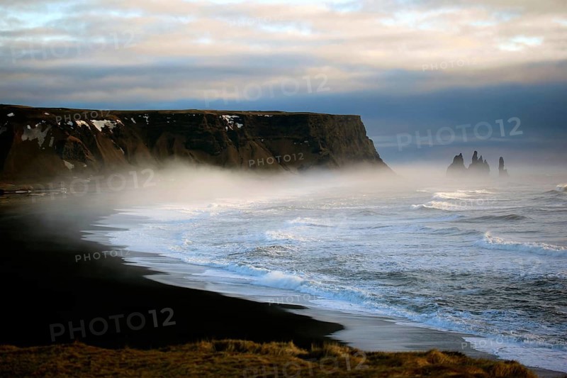 Europe, Iceland, coast in fog, atmosphere, rocks, pinnacles, Atlantic, volcanism, south coast, Iceland