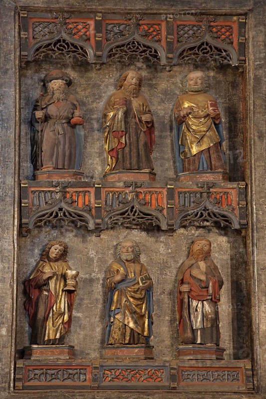 Six apostles on the late Gothic high altar built in 1476, winged altar, triptych, interior view, handicrafts, wood carvings, detail, St. Marien, monastery church, Lehnin Abbey, Havelland, Brandenburg, Germany