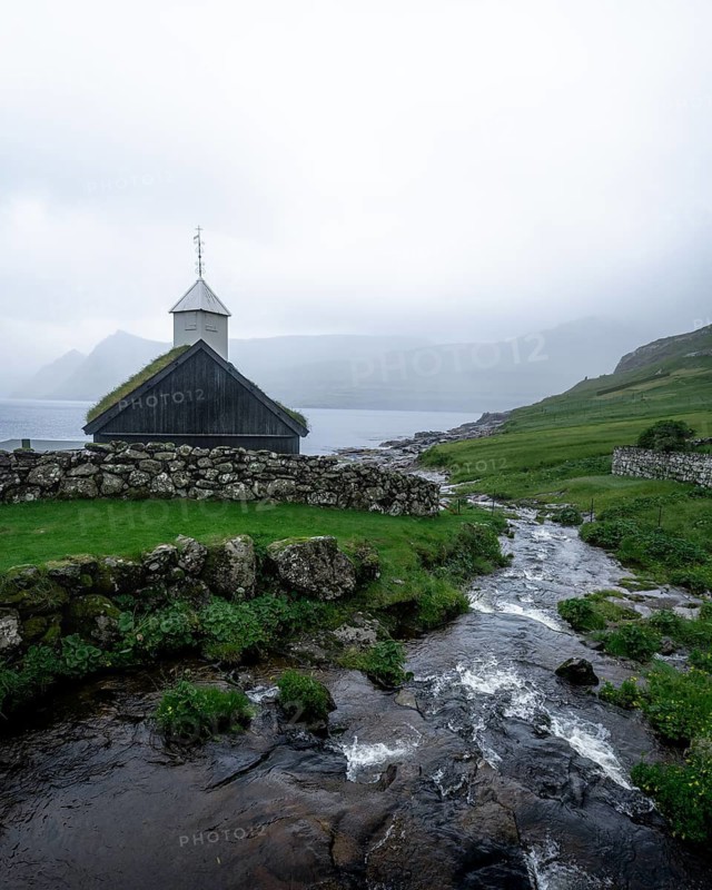 Aerial view of Fossa Waterfall, Faroe Islands
