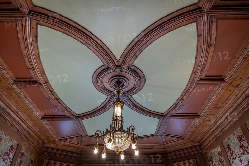 Cassetted ceiling with Art Nouveau chandelier, Museum Jugendstilsenteret og KUBE, Ålesund or Alesund, Møre og Romsdal Fylke, Norway