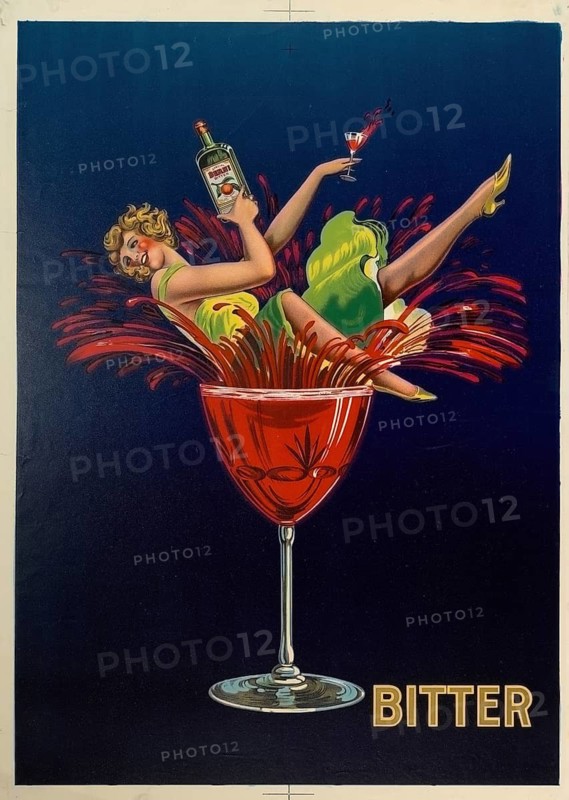 Advertising poster, beverage advertisement, advertising poster for Vlan! du Berni Bitter, a Belgian aperitif. A stylized woman splashing in an oversized cocktail glass with a red drink, 1920, authentic reproduction of a historic advertising poster, advertising sign, in high resolution
