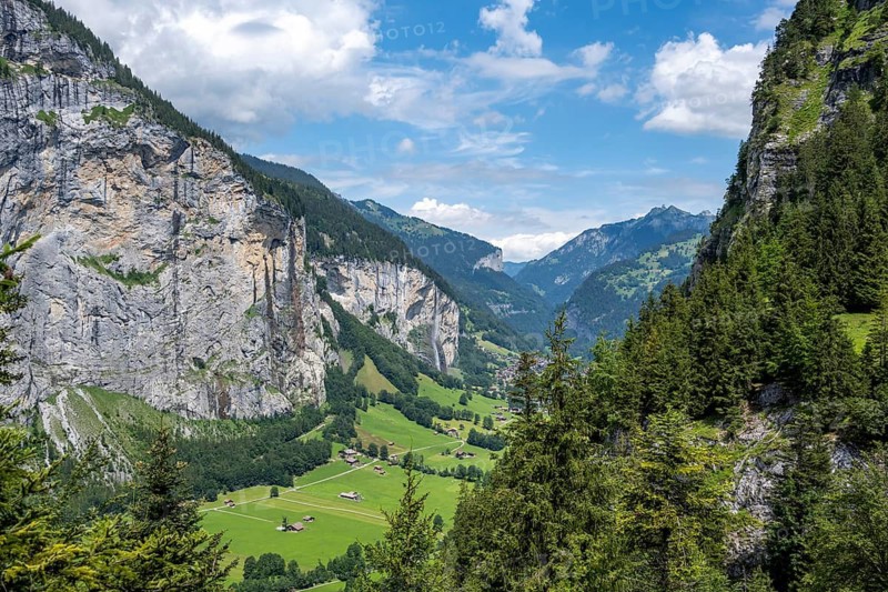 View of the picturesque valley of Lauterbrunnen with Staubbach Falls, mountain landscape, Bernese Alps, Bernese Oberland, Switzerland