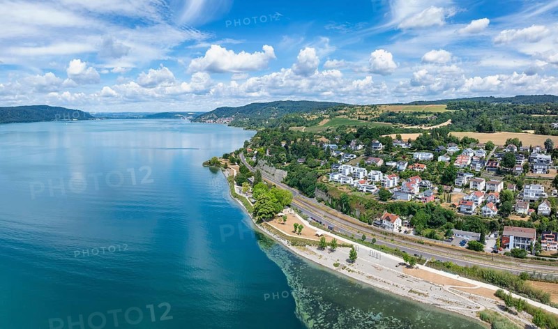 Aerial view, panorama of Lake Constance with the Landesgartenschaugelände and lakeside park, Goldbach, Überlingen, Bodenseekreis, Baden-Württemberg, Germany