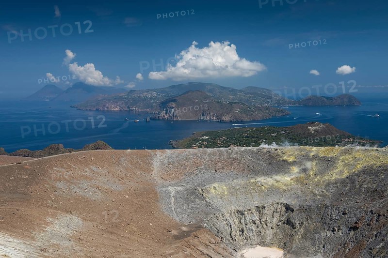 View from crater rim, Vulcano, Lipari and Salina in the background, Aeolian or Lipari Islands, Sicily, Southern Italy, Italy