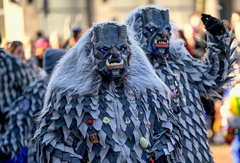 Members of a fools' guild in traditional Haes, fools' clothes, during the carnival procession in Achern, Ortenaukreis, Baden-Württemberg, Germany