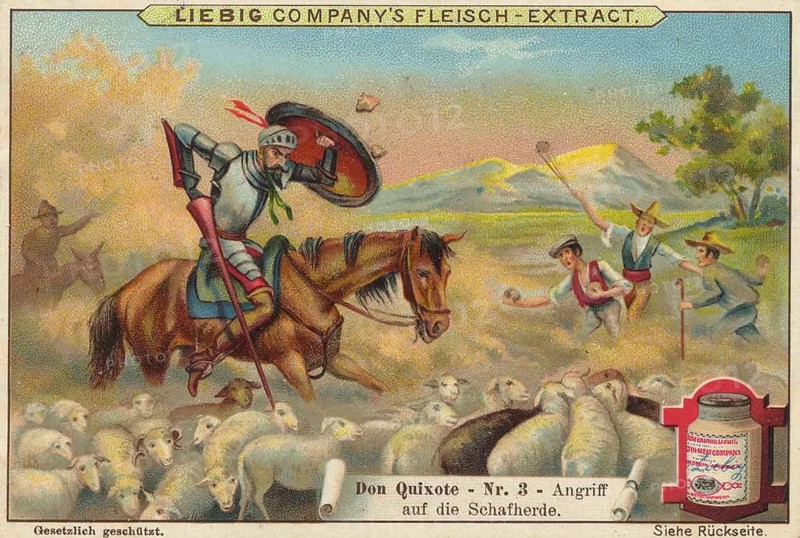 Picture series Don Quixote, Don Quixote attacking a flock of sheep, picture of love, digitally restored reproduction of a collector's painting from around 1900, exact date unknown