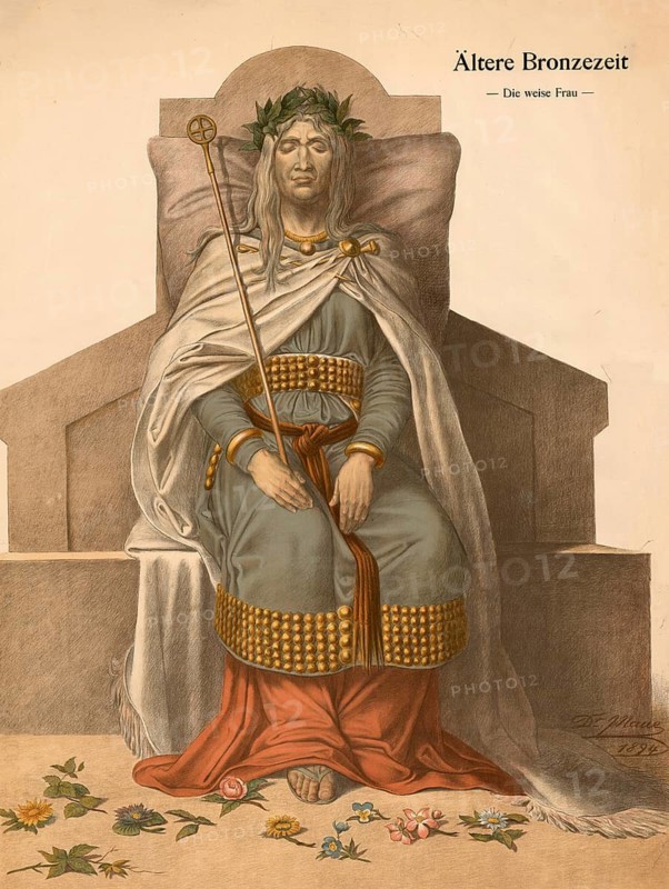 Wise woman from the Early Bronze Age, seated female figure with a staff, laurel wreath and elaborate jewelry, school picture, illustration, reproduction from a model from the 19th century. School picture, mural, authentic, file restored for optimal use, exact date of original unknown, historical