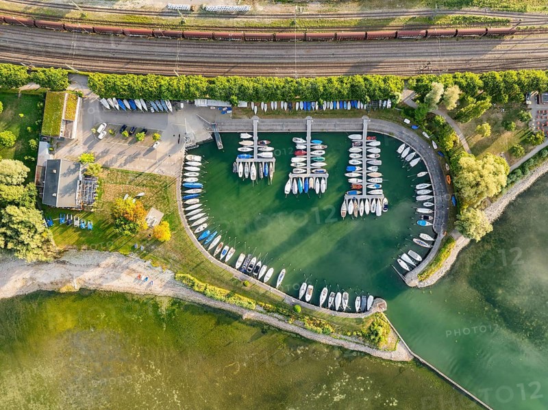 Aerial view, top down view of the marina, boat harbor with lined up boats on the lakeside of Radolfzell am Lake Constance, district of Konstanz, Baden-Württemberg, Germany