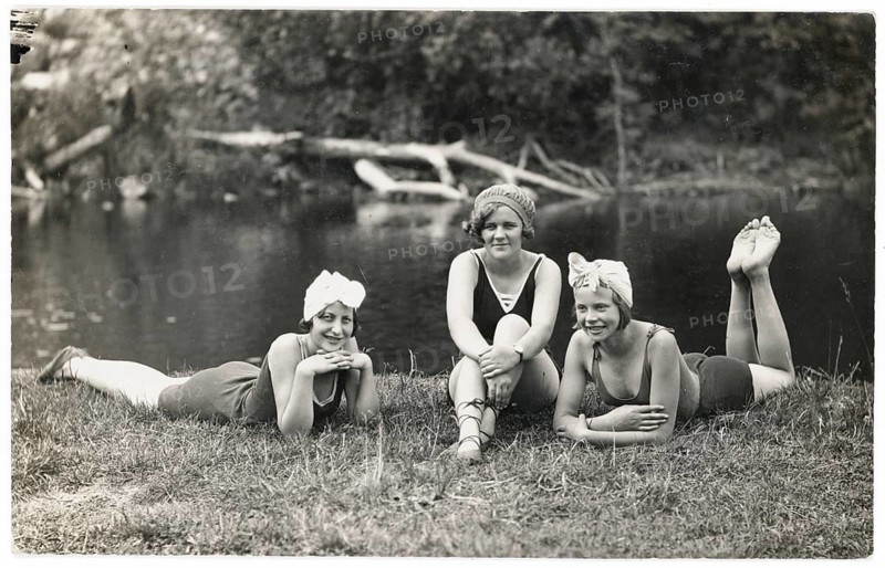 Lecava, near Riga, Latvia, bathing, swimwear, woman, leisure, fun, summer, Three woman in swimsuits lying relaxing on the riverbank and smiling, photo Bidegs, 14.3.1931