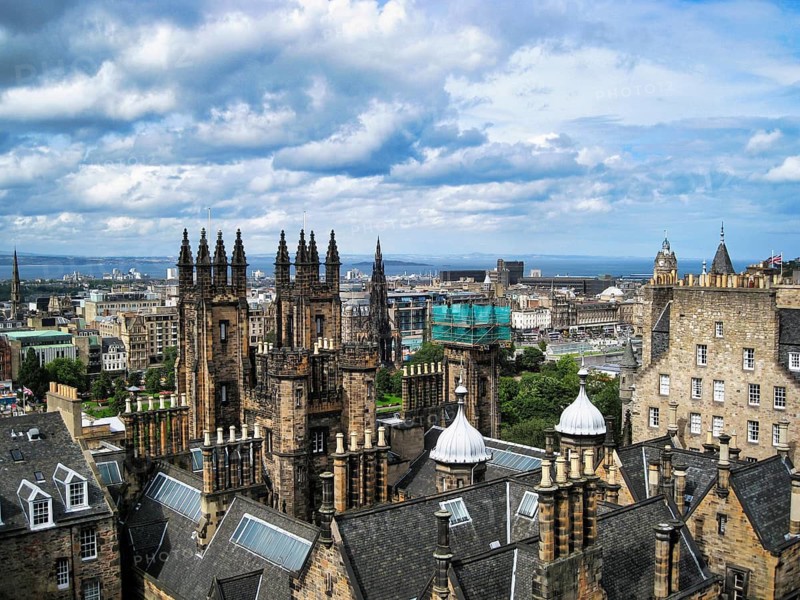 View of the old town from the Camera Obscura viewing terrace, St. Giles' Cathedral, Edinburgh University, Firth of Forth, Edinburgh, Scotland, Great Britain
