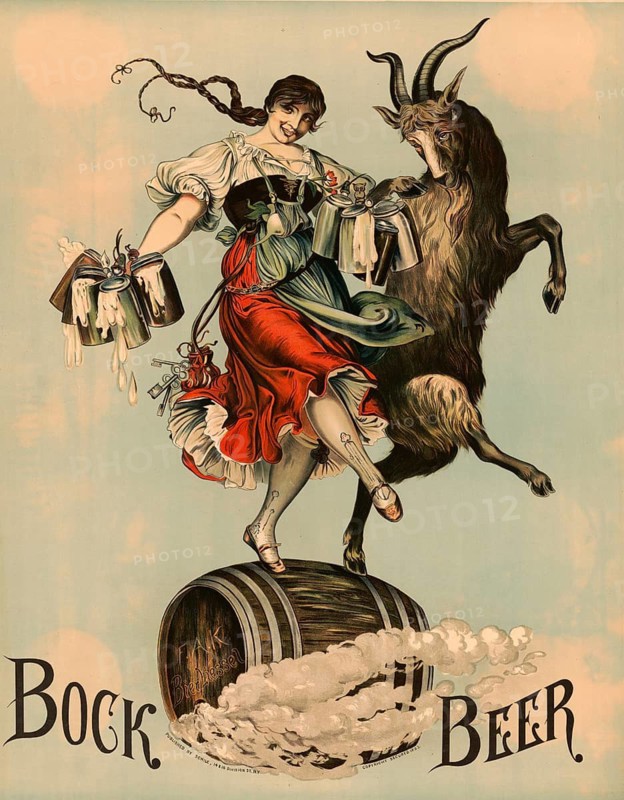 Advertising poster, beverage advertisement, advertising poster for bock beer from 1883, published by Stile in New York. The picture shows a waitress in traditional clothes dancing together with a goat on a beer keg, authentic reproduction of a historical advertising poster, advertising sign, in high resolution