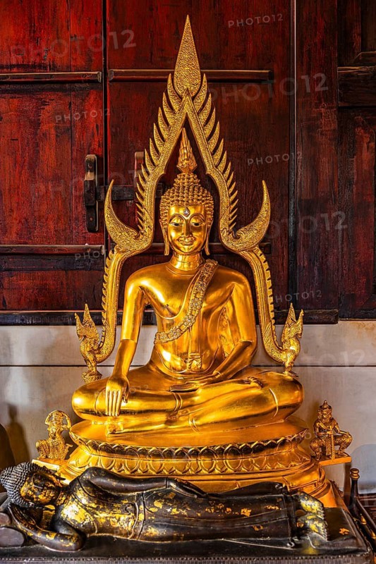 Gilded seated Buddha statue in a public prayer hall in the Wat Phra Singh Buddhist temple complex, Chiang Mai Old City Center, Chiang Mai Province, Thailand