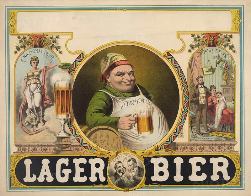 Advertising poster, beverage advertisement, Victorian chromolithography poster from 1879 advertising lager beer. The advertisement was lithographed by Mensing & Stecher and shows a brewer in the center, surrounded by scenes depicting beer as a healthy national drink, authentic reproduction of a historical advertising poster, advertising sign, in high resolution