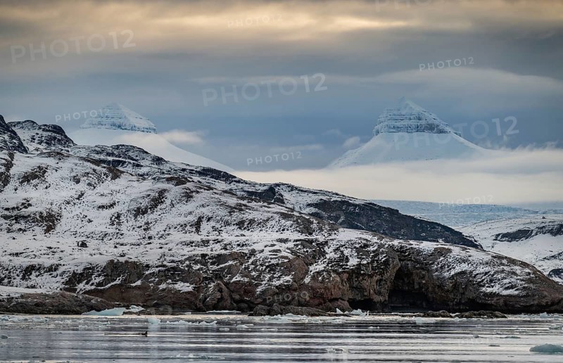 Two of the three mountains: Tee Kroner (Three Crowns), Kronebreen or Kronengletscher Glacier, Kongsfjord or Kongsfjorden, the Svalbard archipelago, Svalbard, Norway