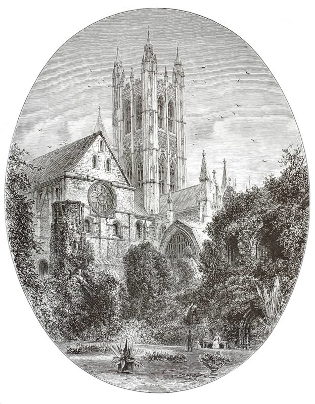 Bell Harry, the 75 meter high tower of Canterbury Cathedral, Christ Church Cathedral, officially The Cathedral of Christ Church, England, illustration, reproduction from a 19th century model. Authentic, file restored for optimal use, exact date of submission unknown, historical