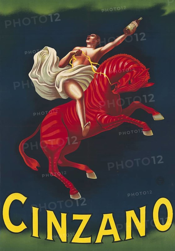 Advertising poster, beverage advertisement, advertising theme for Cinzano Vermouth, designed by artist Leonetto Cappiello. The picture shows a dynamic scene with a figure riding on a red zebra-like horse and holding a bottle of Cinzano in the air, 1910, Italy, authentic reproduction of a historical advertising poster, advertising sign, in high resolution