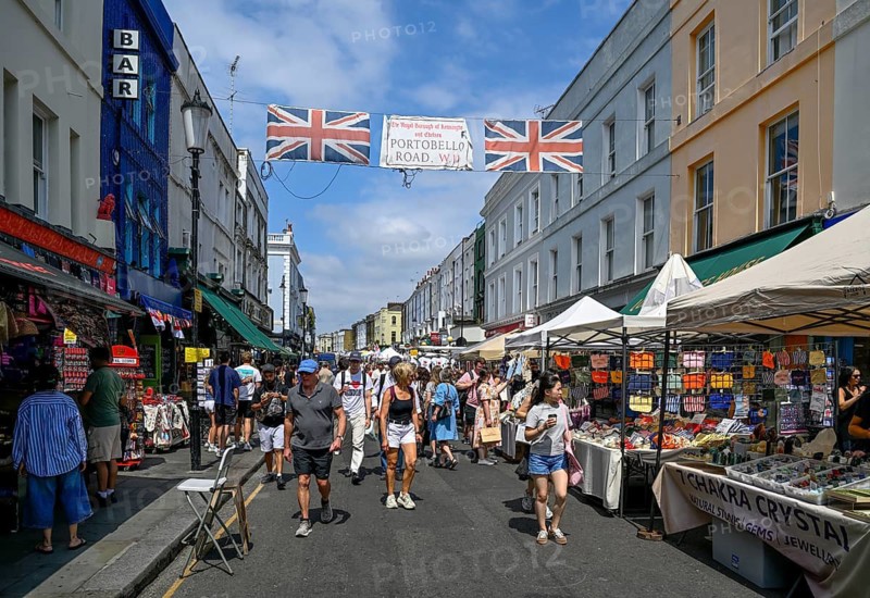Street scene at Portobello Road Market, Notting Hill, Royal Borough of Kensington and Chelsea, London, England, Great Britain