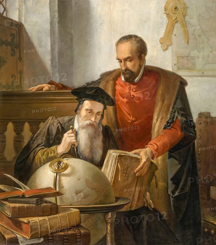 The cartographers Gerhard Mercator and Abraham Ortelius at work, digitally edited based on a historical painting by Joseph Bellemans