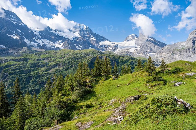 Picturesque mountain landscape with mountain peaks Breithorn and Tschingelhorn, Bernese Alps, Bernese Oberland, Switzerland