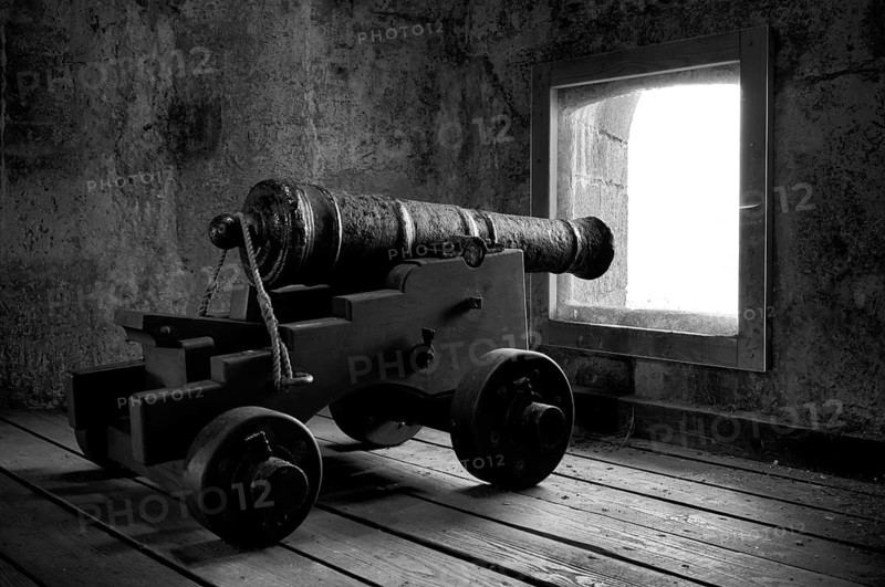 Interior view, cannon in Tudor Gun Tower, Donjon, residential defence tower, defensive tower, St Mawes, black and white, Cornwall, England, Great Britain, Great Britain