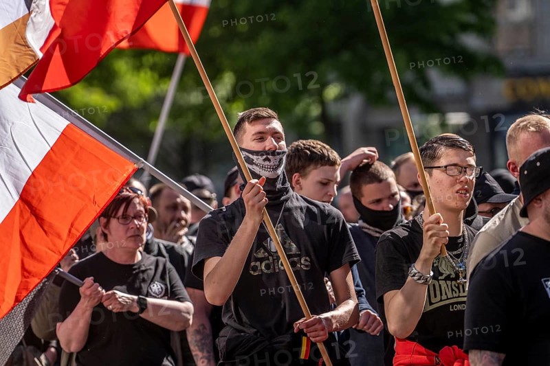 Party Die Heimat, successor of the NPD, demonstrates in downtown Essen on May 1, demands remigration of foreigners, Germany chants out the German foreigner, approx. 250 ultra-right followers of the party from all over Germany with trendy clothing, Essen, North Rhine-Westphalia, Germany
