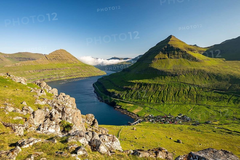 Panoramic view from Hvíthamar viewpoint on Funningsfjørður near Funningur on Eysturoy island, fjord with steep mountains, Faroe Islands, Denmark