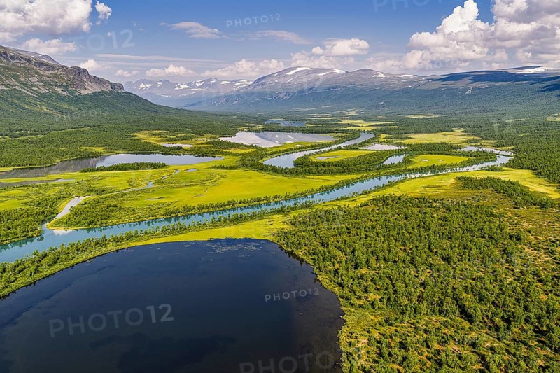 Aerial view of river Vistasjohka, branching river arms, turquoise colored river, Vistasvagge valley, Nikkaluokta, Norrland, Sweden