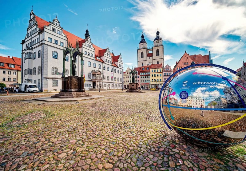Market square with town hall, city church, town and parish church of St. Marien and globe with QR code for historical apps, Luther city Wittenberg, Saxony-Anhalt, Germany