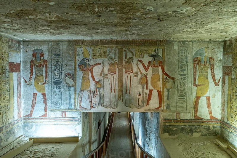 Reliefs in the ancient Egyptian tomb of Tausret and Sethnacht in the Valley of the Kings near Luxor, Egypt