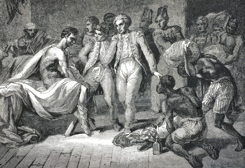 The Méduse sailors detained by the British. The scene shows the surviving engineer-geographer Alexandre Correard in the Saint-Louis hospital in Senegal. British officers visit him and offer support and comfort to the weakened survivors of the raft, authentic, high-resolution reproduction from a 19th-century original, exact date of depiction unknown, historical