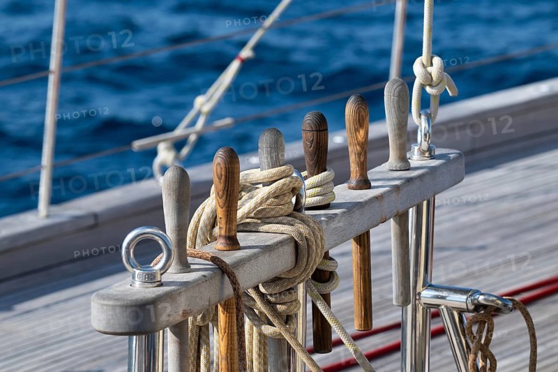 Holpins or nail nails stuck through a board, including coffee nails, linen and ropes, sailing ship, Aeolian or Lipari islands, Sicily, southern Italy, Italy