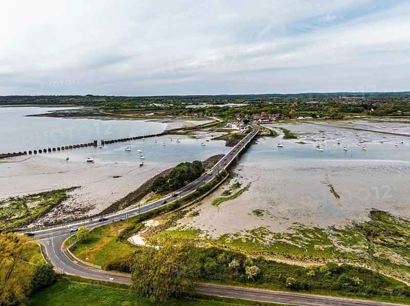 Bridge and Quay on Hayling Island from a dron, Havant, Hampshire, England, United Kingdom