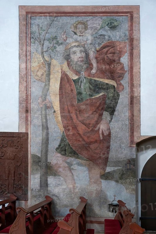 Monumental wall painting of Saint Christopher, created around 1515, St. Michael Collegiate Church, Neunkirchen am Brand, Upper Franconia, Bavaria, Germany