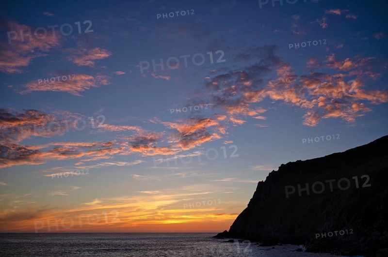 Sunset, sunset at sea, dramatic clouds, Cot Valley Beach, Porth Nanven, coast, St Just in Penwith, Cornwall, England, Great Britain, Great Britain