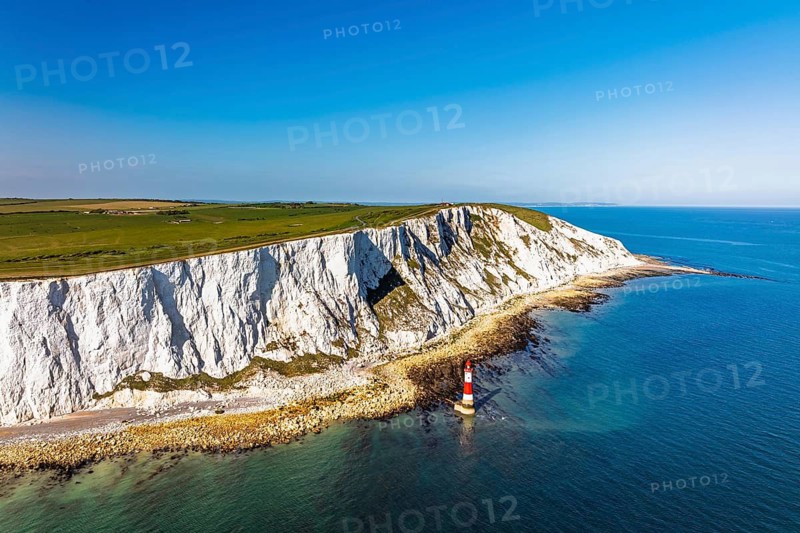 Beachy Head Lighthouse from a drone, Beachy Head Cliffs, English Channel, East Sussex, England, United Kingdom